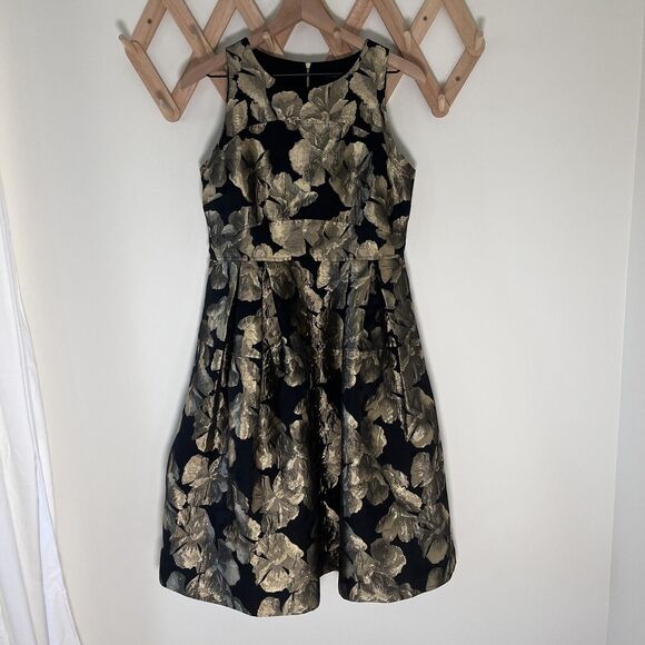 Ann Taylor Factory Dresses & Skirts - Ann Taylor Factory Sz 10 Black Gold Foil Floral Sleeveless Dress Fit & Flare